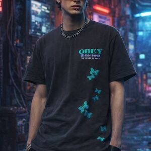 Obey Charcoal Butterfly Graphic Tee Shirt L Streetwear Skate Cybergrunge Print C